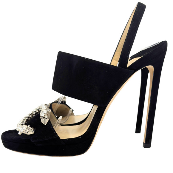 Jimmy Choo Heels White Crystal Black Suede Slingback Platform Sandals EU 36.5 - Picture 4 of 11